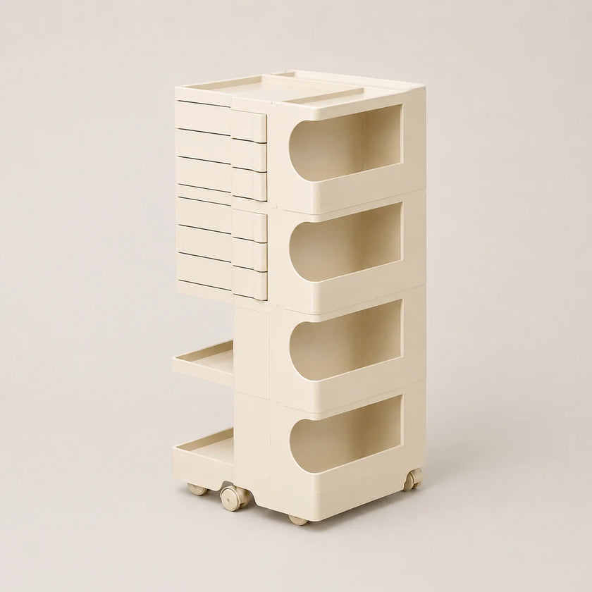 An off-white plastic rolling organizer cart with six drawers on the left, four open storage compartments with arched cutouts, and caster wheels at the base, shown on a neutral light beige background.