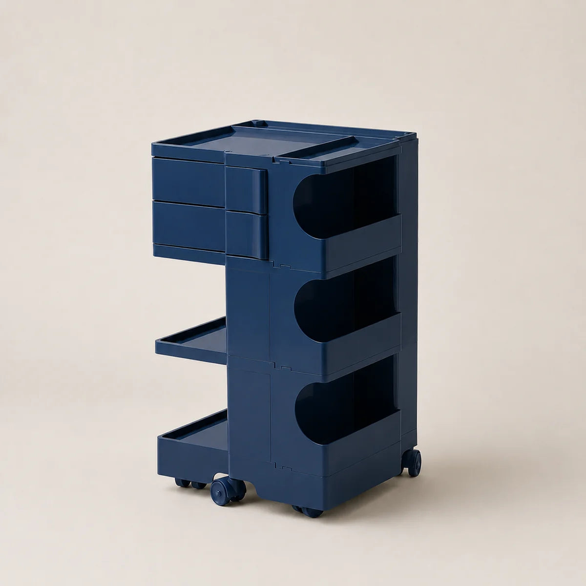 A steel blue ABS plastic storage cart with multiple drawers, shelves, and wheels, photographed on a neutral beige background.