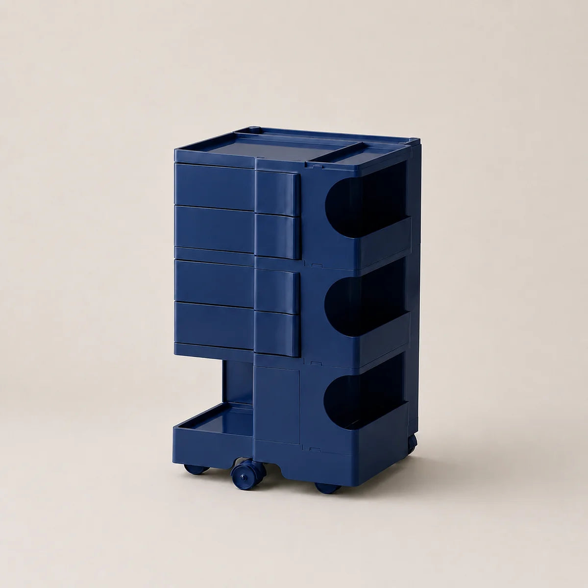 A dark blue plastic storage cart with multiple drawers and open shelves, shown on a light beige background.
