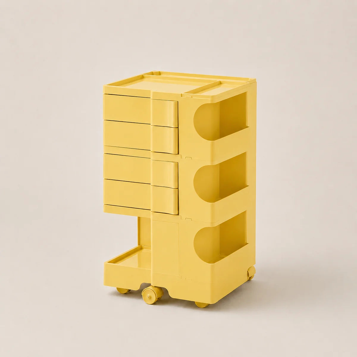 A tulip yellow ABS plastic rolling storage cart with five drawers on the left and three open shelves on the right, set against a solid light beige background.