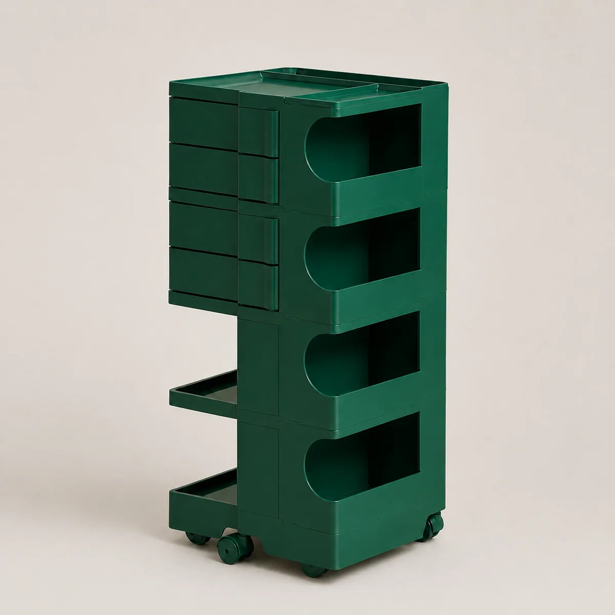 A dark green rolling storage cart with multiple drawers, open shelves, and wheels, shown on a neutral light beige background.