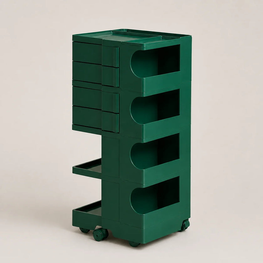 A dark green rolling storage cart with multiple drawers, open shelves, and wheels, shown on a neutral light beige background.