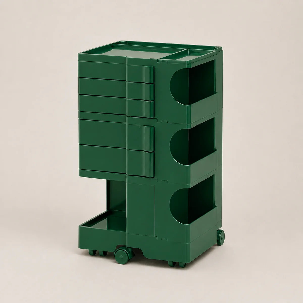 A dark green ABS storage cart with multiple drawers, open shelves, and caster wheels, photographed on a neutral light beige background.