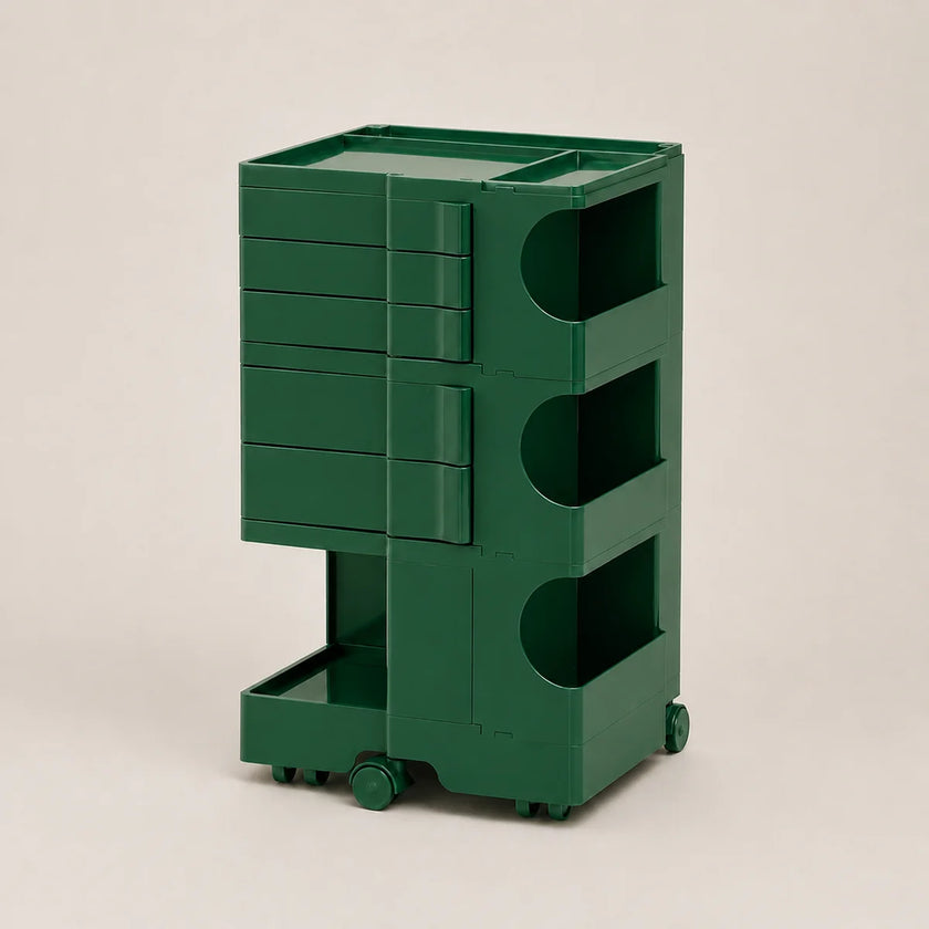 A dark green ABS storage cart with multiple drawers, open shelves, and caster wheels, photographed on a neutral light beige background.