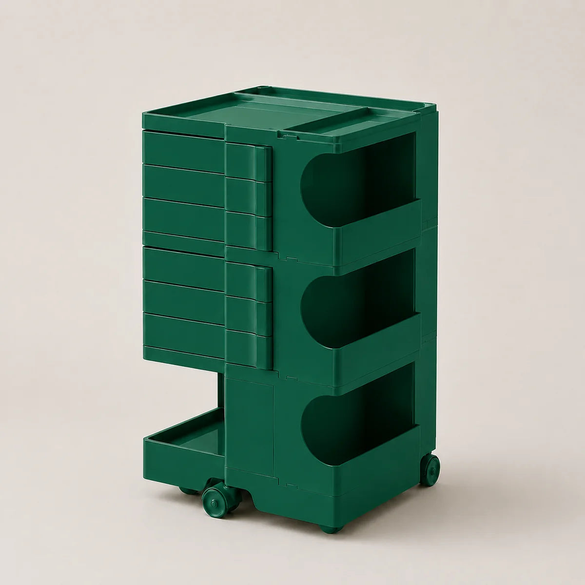 A dark green ABS rolling storage organizer with multiple drawers and open shelves, shown on a plain light beige studio background.