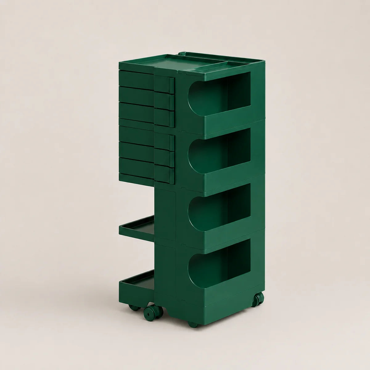 A dark green rolling storage cart with multiple drawers and open shelves, shown on a plain beige studio background.