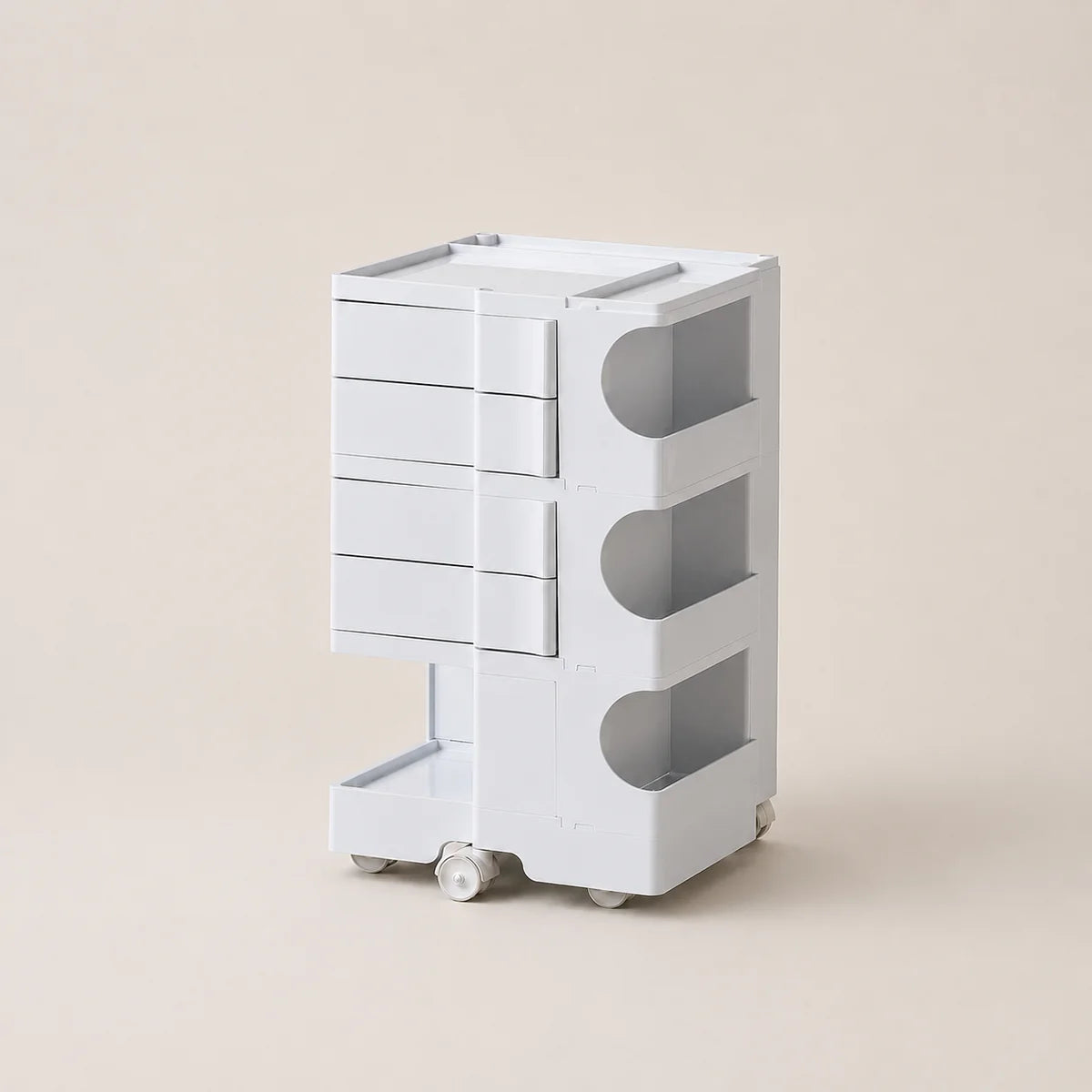 A white three-tier rolling storage organizer with drawers on the left and open shelves on the right, shown on a plain beige background.