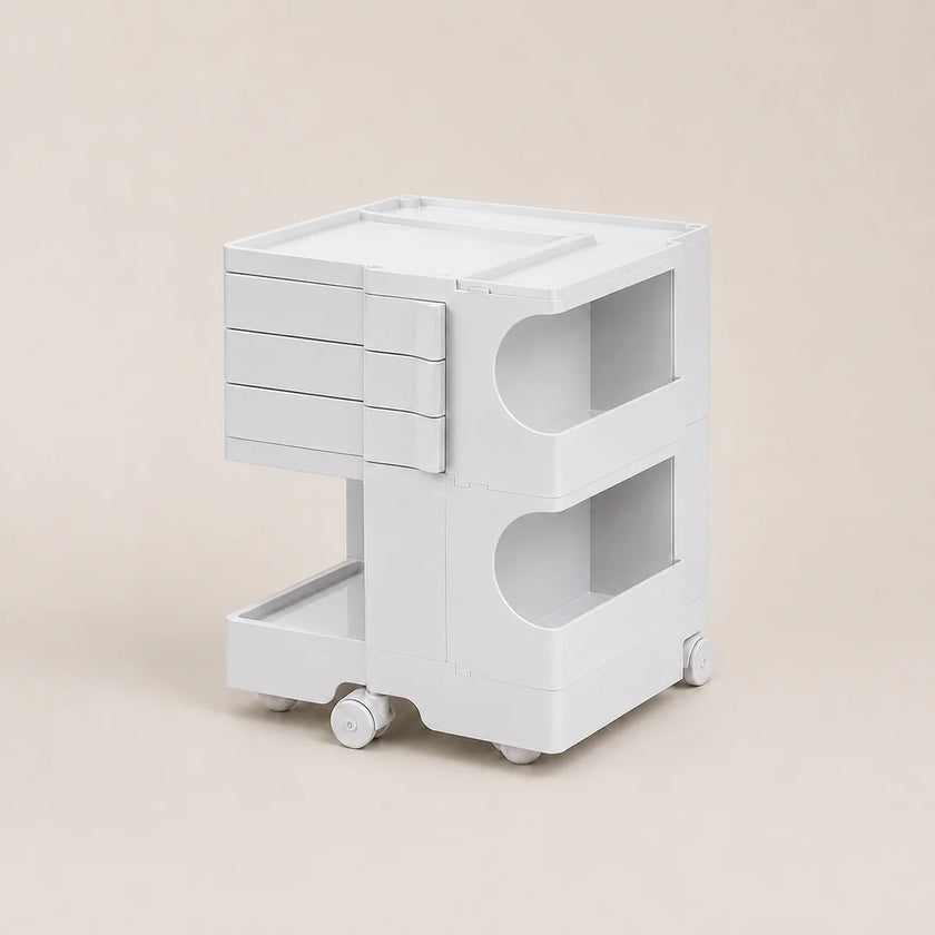 A white ABS plastic rolling organizer cart with three drawers on the left, two open storage compartments on the right, and a lower open shelf, shown on a light beige background.