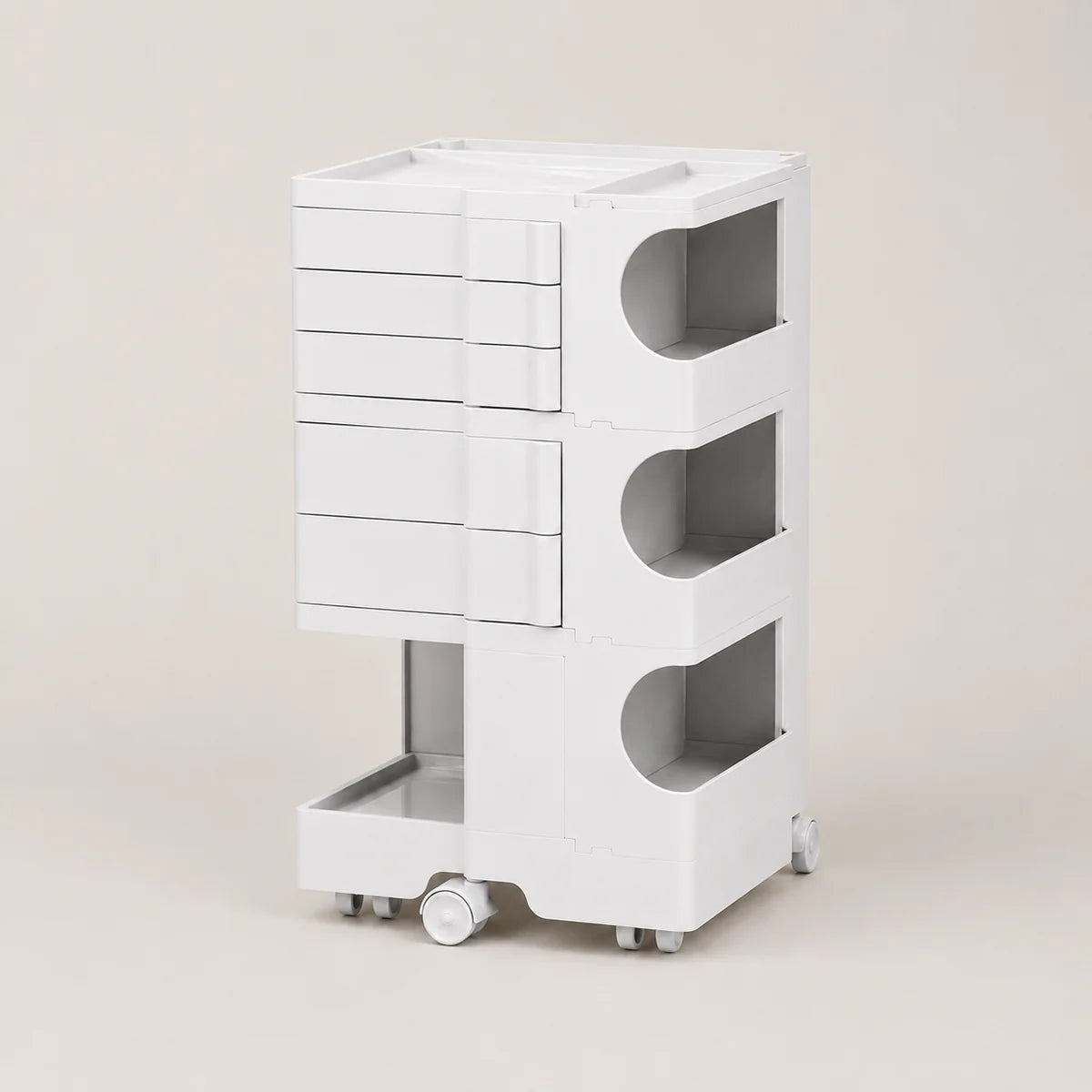 A white ABS rolling storage organizer with five drawers on the left and three open shelves on the right, set against a solid light beige background.