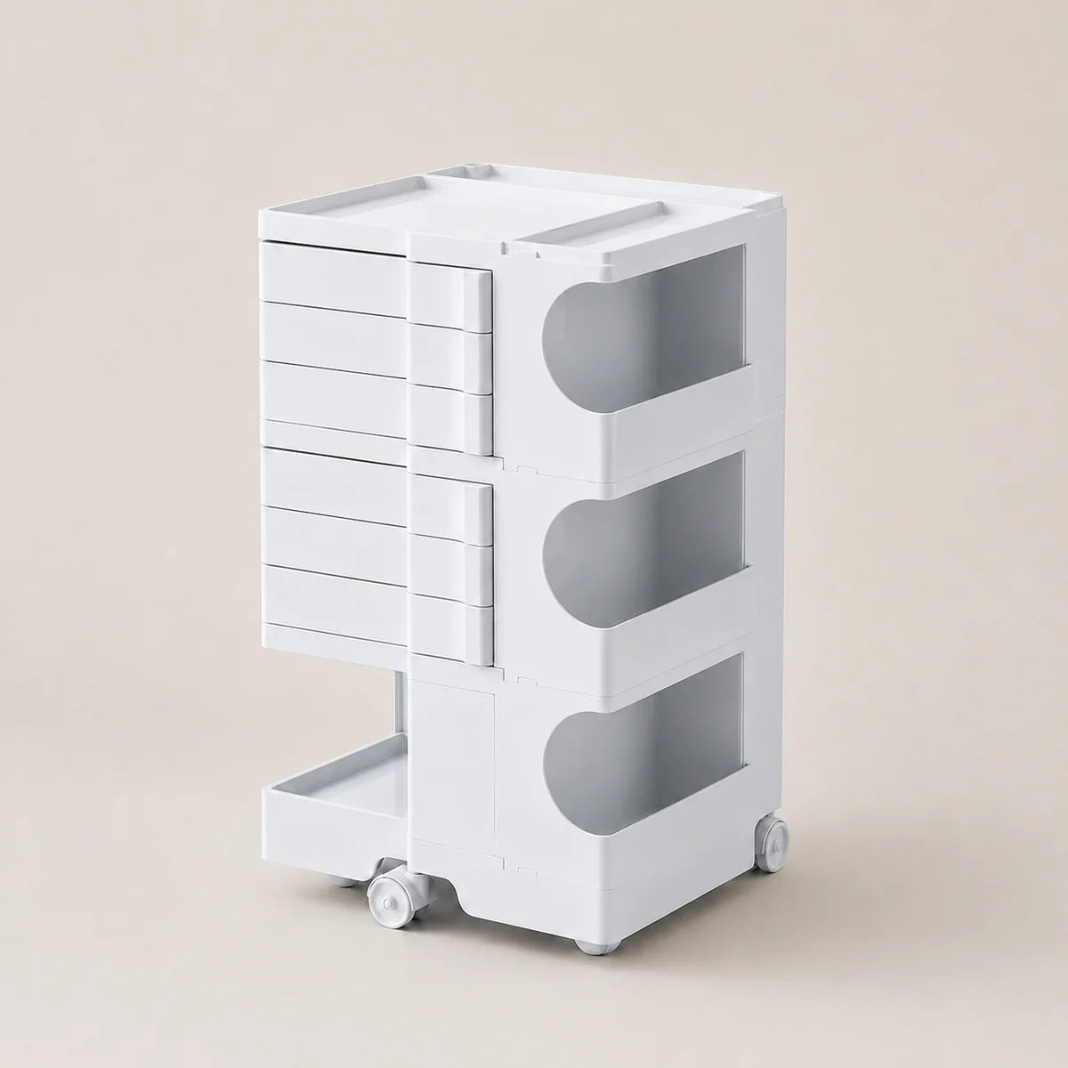 A white ABS rolling organizer cart with multiple drawers and open storage compartments, shown on a plain beige background.