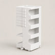 A white plastic rolling organizer cart with multiple drawers, open shelves, and caster wheels, shown on a neutral light beige background.