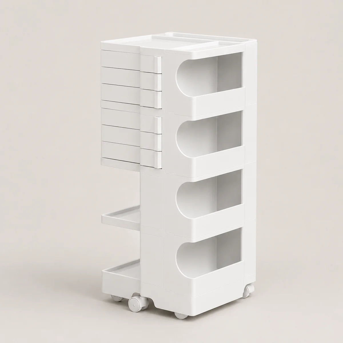 A white plastic rolling organizer cart with multiple drawers, open shelves, and caster wheels, shown on a neutral light beige background.
