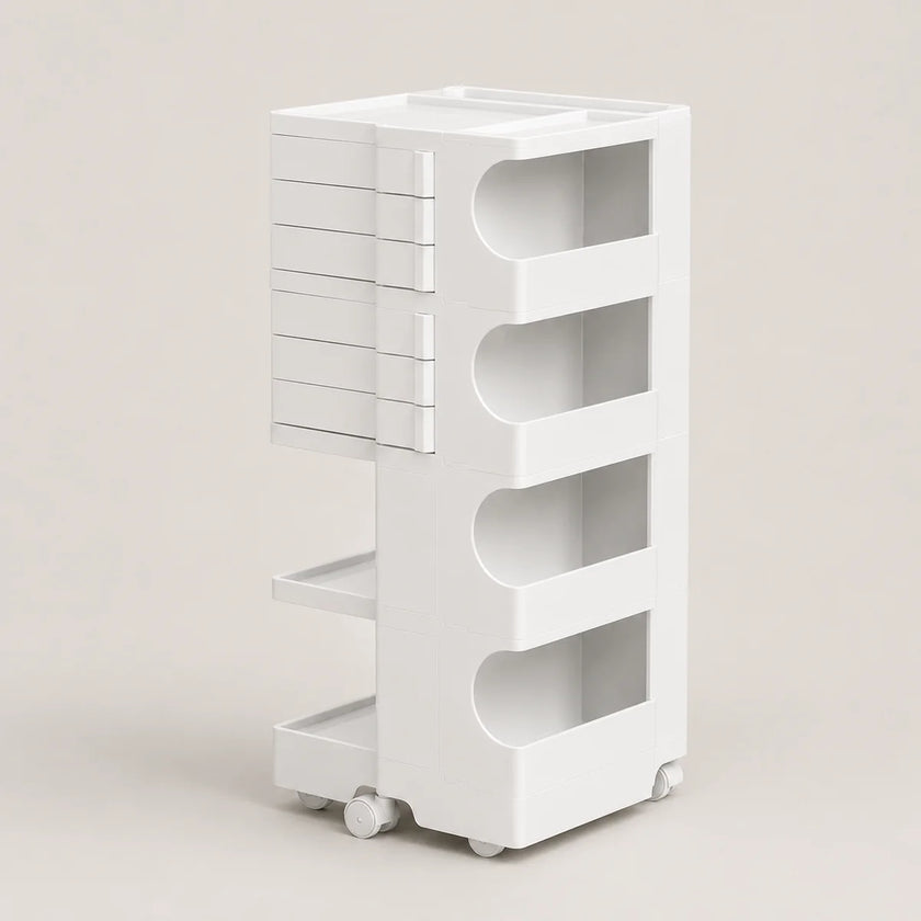 A white plastic rolling organizer cart with multiple drawers, open shelves, and caster wheels, shown on a neutral light beige background.