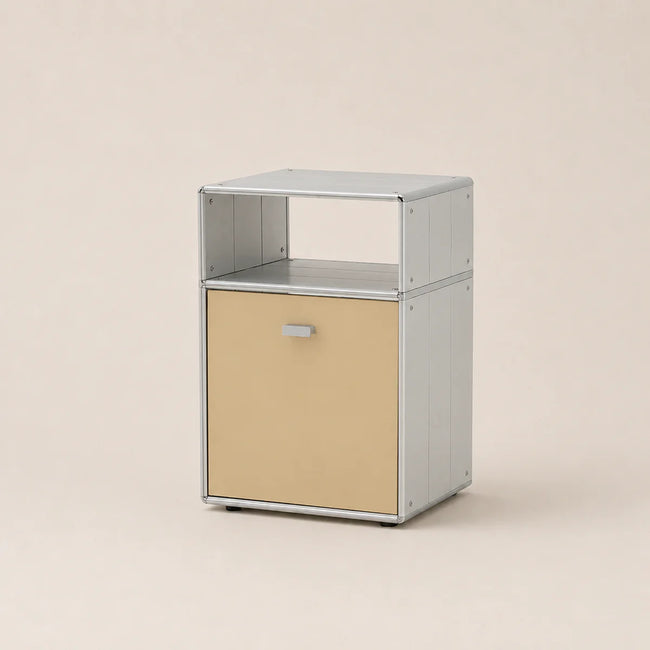 A modern modular storage cabinet with a silver-gray metal frame and a beige door panel, shown on a plain beige background.