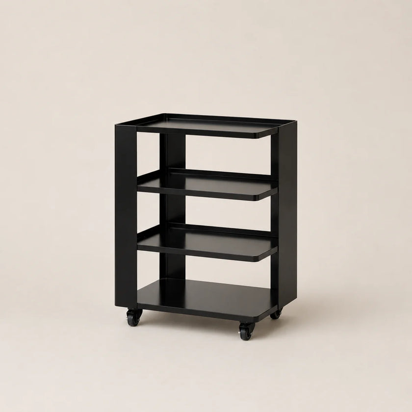 Black metal shelf with three shelves on wheels against a beige background