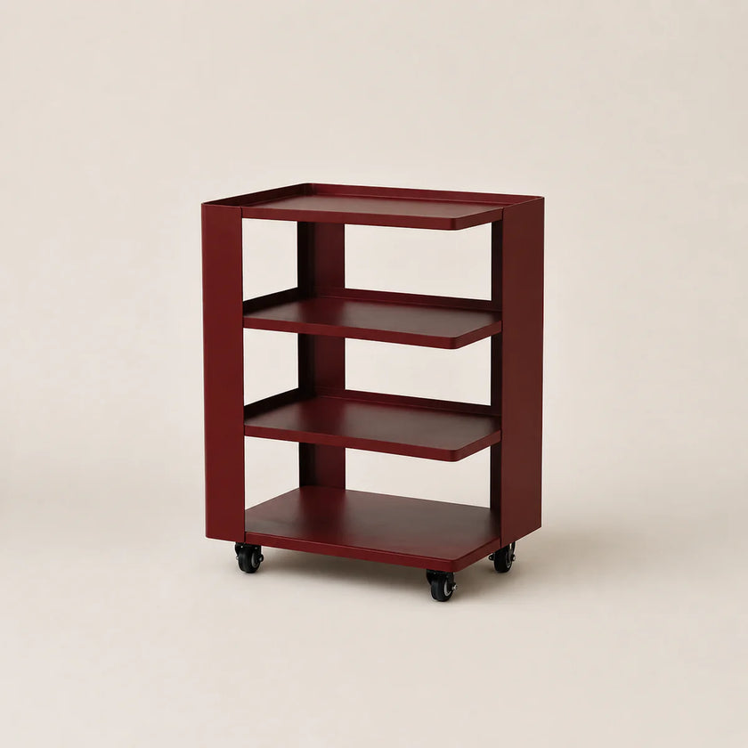 Wooden bookshelf with three shelves on wheels against a beige background