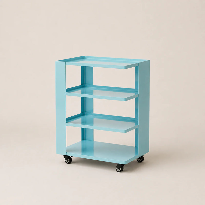 Light blue metal shelf with three shelves on wheels against a beige background