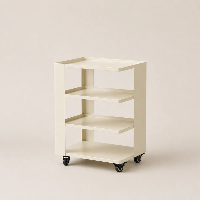 Beige bookshelf with three shelves on wheels against a beige background