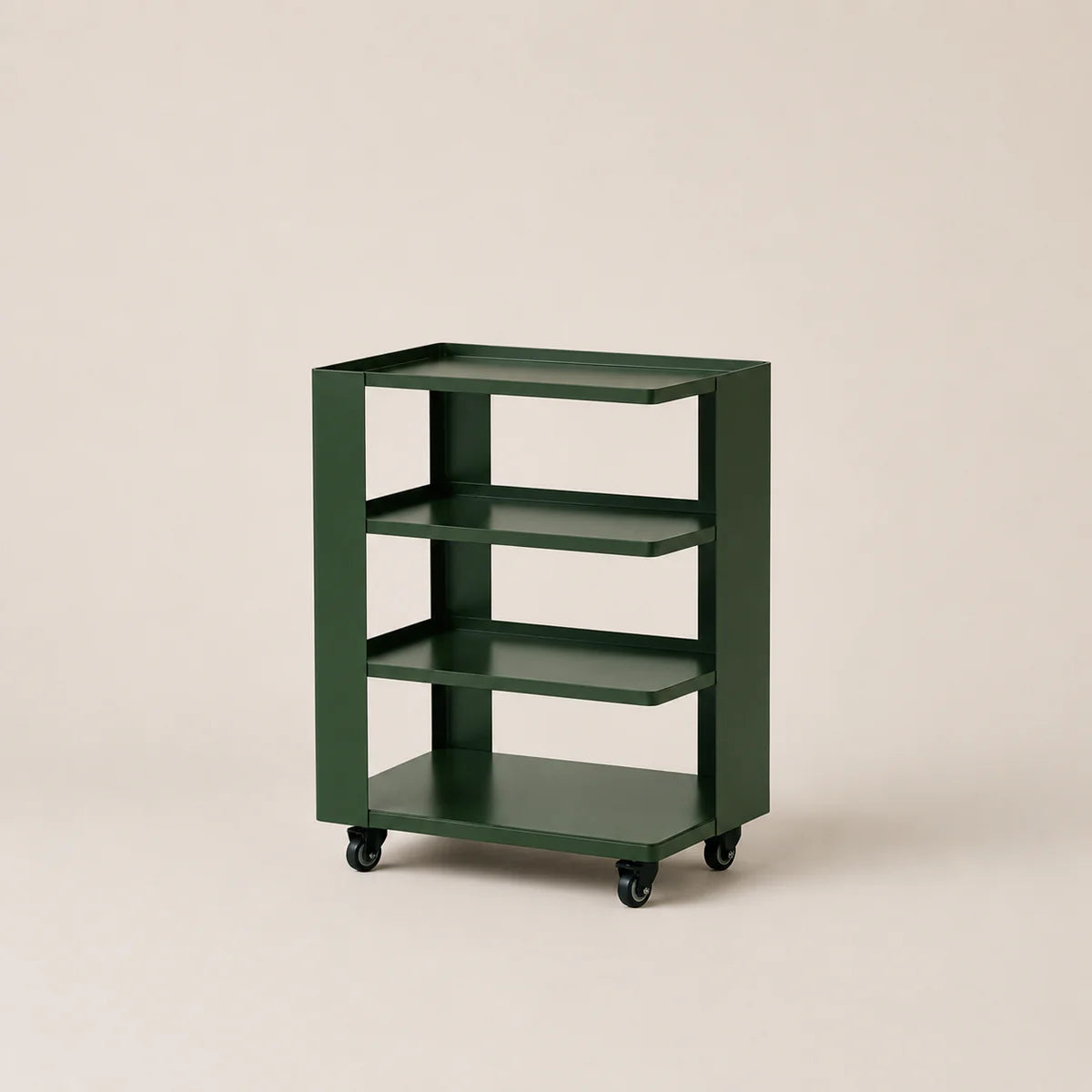 Green metal shelf with four shelves on wheels against a beige background
