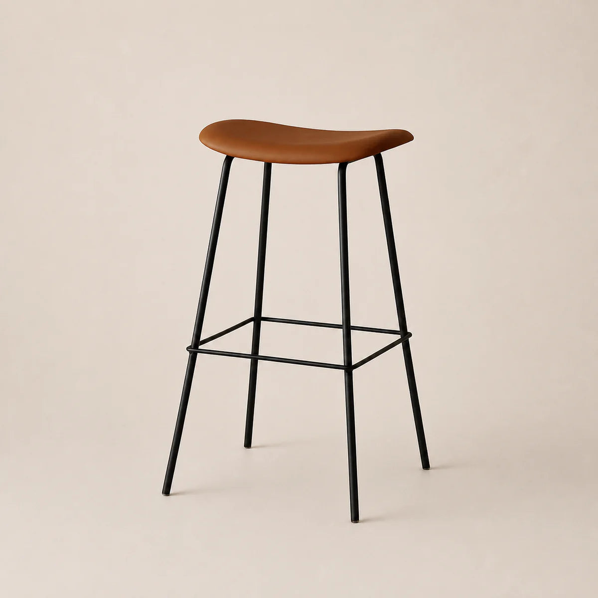 Bar stool with wooden seat and black metal legs on a beige background