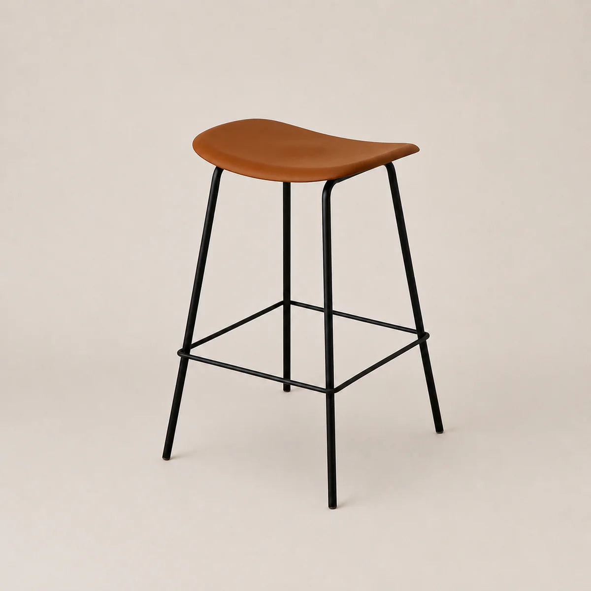 Bar stool with wooden seat and black metal legs on a beige background