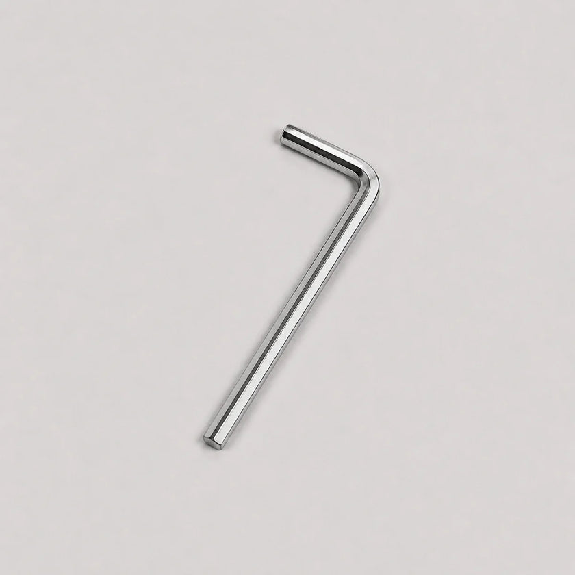 A small silver metal hex wrench with a straight shaft and bent handle, shown on a plain light gray background.