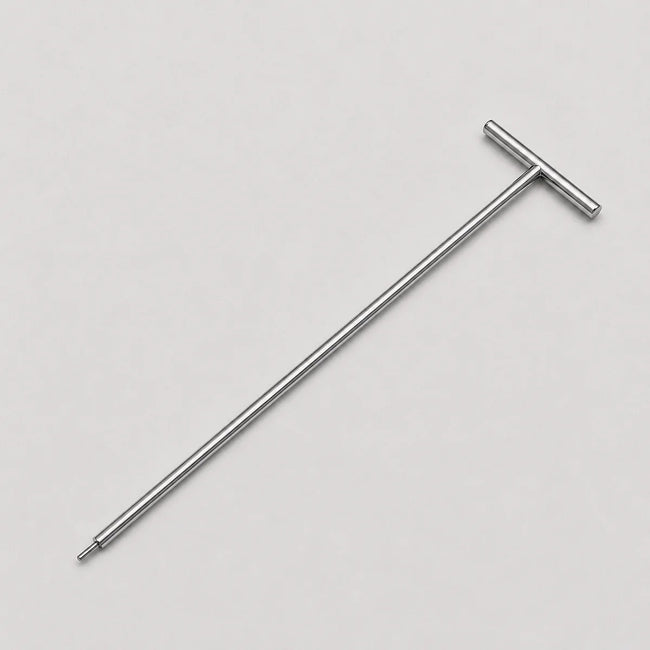 A silver metal T-handle tool with a long shaft and a flat perpendicular end, shown diagonally on a light gray background.