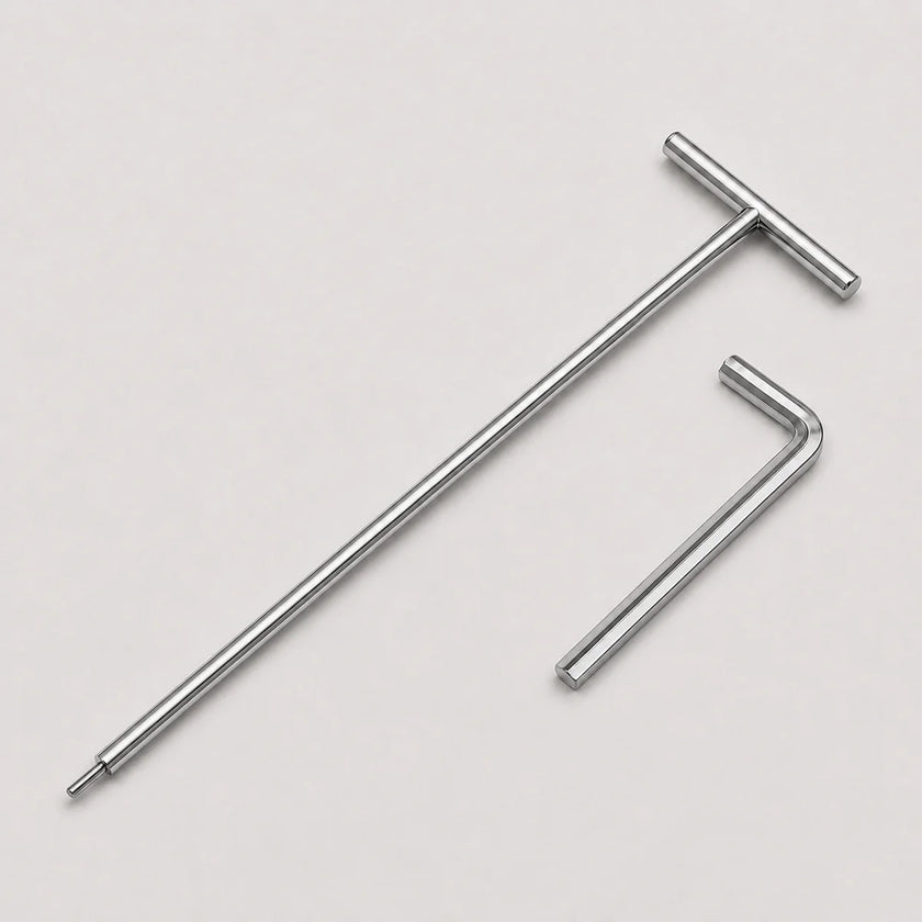 A silver metal T-handle hex wrench and matching hex key shown on a light gray background.