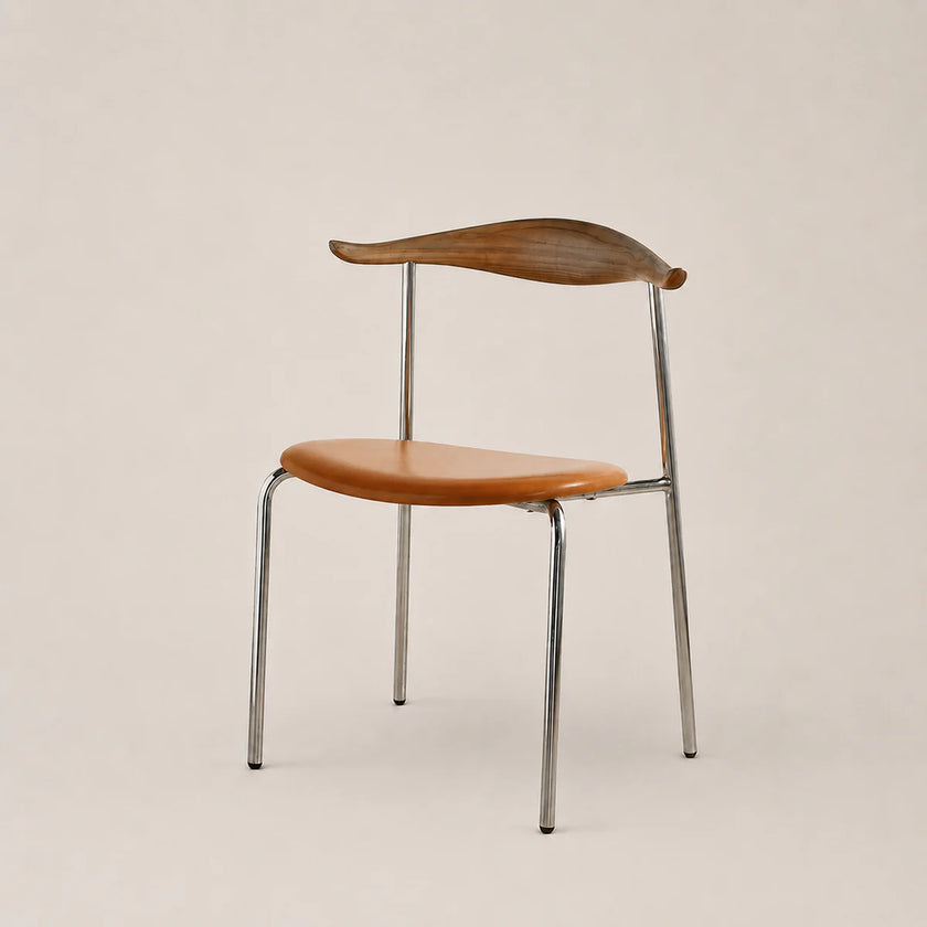 Chair with wooden seat and backrest on a beige background