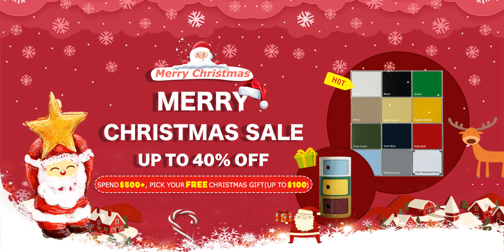 Christmas sale advertisement with Santa Claus, reindeer, and color swatches on a red background.