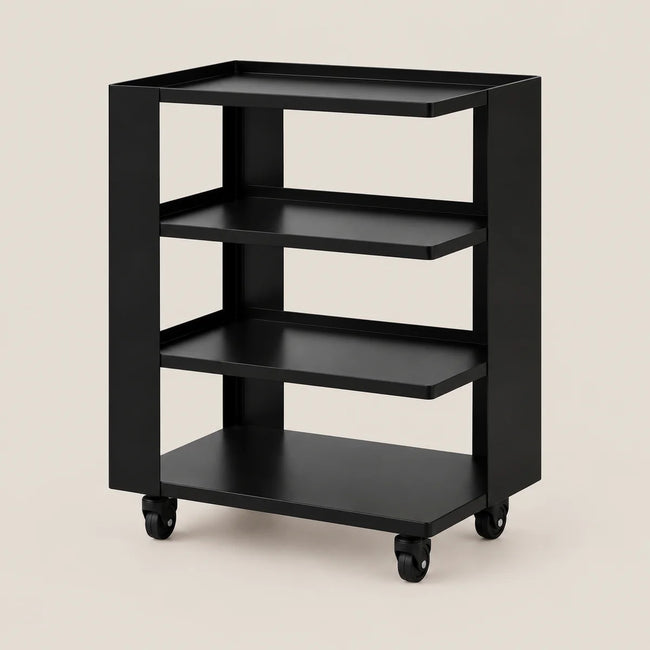 A black four-tier rolling storage cart with caster wheels, shown on a solid light beige background.