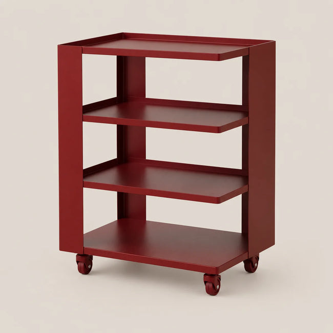A four-tier rolling storage cart in a deep red finish, featuring four open shelves and caster wheels, shown against a solid light beige background.
