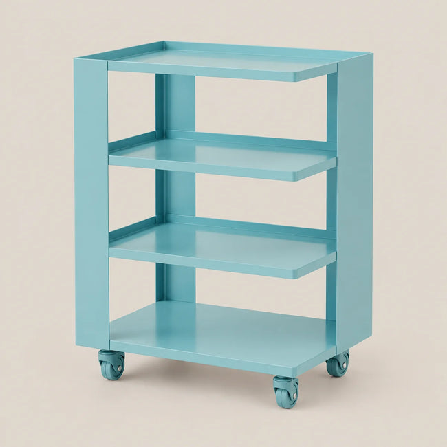 A light blue four-tier rolling storage cart with caster wheels, shown against a solid beige background.