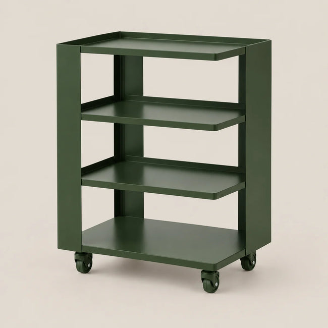 A dark green four-tier rolling storage cart with caster wheels, shown on a solid light beige background.