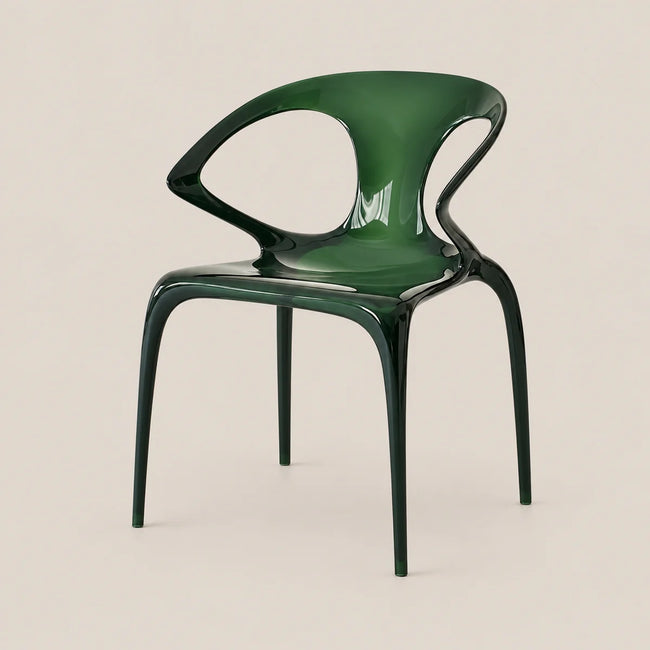 A glossy dark green molded plastic dining chair with a curved backrest and four slender legs, shown against a solid light beige background.