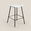 A modern counter stool with a white molded seat and a black metal frame with a footrest, set against a solid beige background.