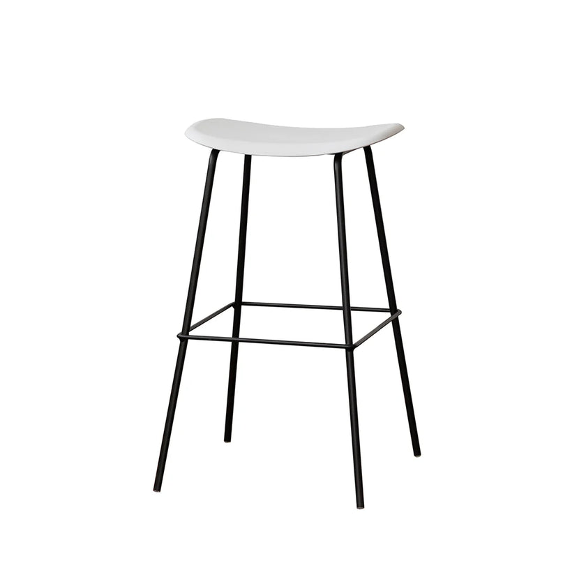 Bar stool with white seat and black metal legs on a white background