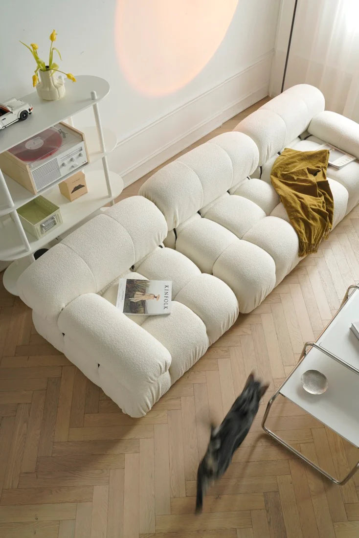 White modular sofa in a living room with a cat walking on the floor.