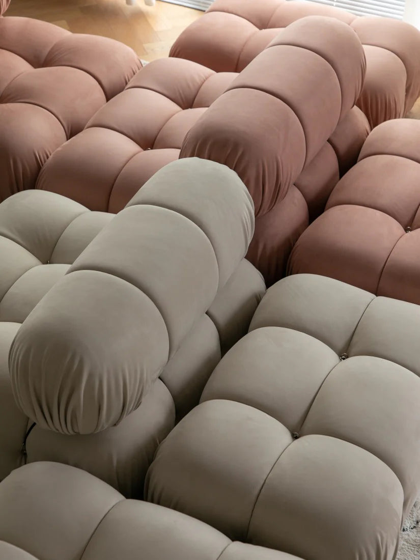 Close-up of a beige and brown textured sofa