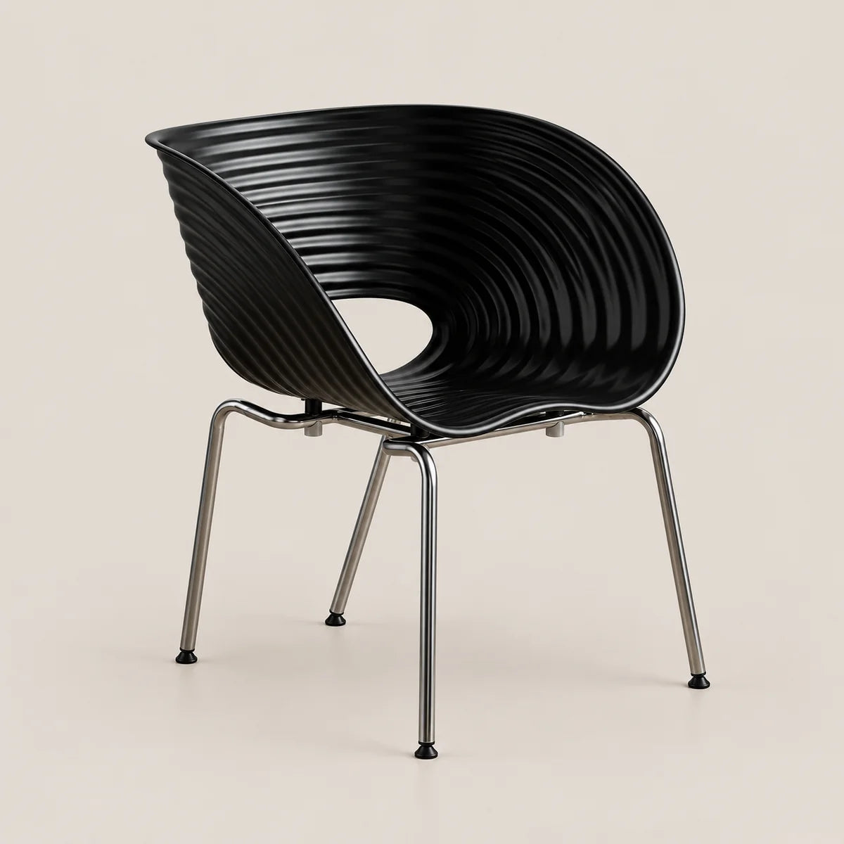 A modern black molded plastic chair with a ribbed, wave-like backrest and slim chrome legs, shown against a solid light beige background.