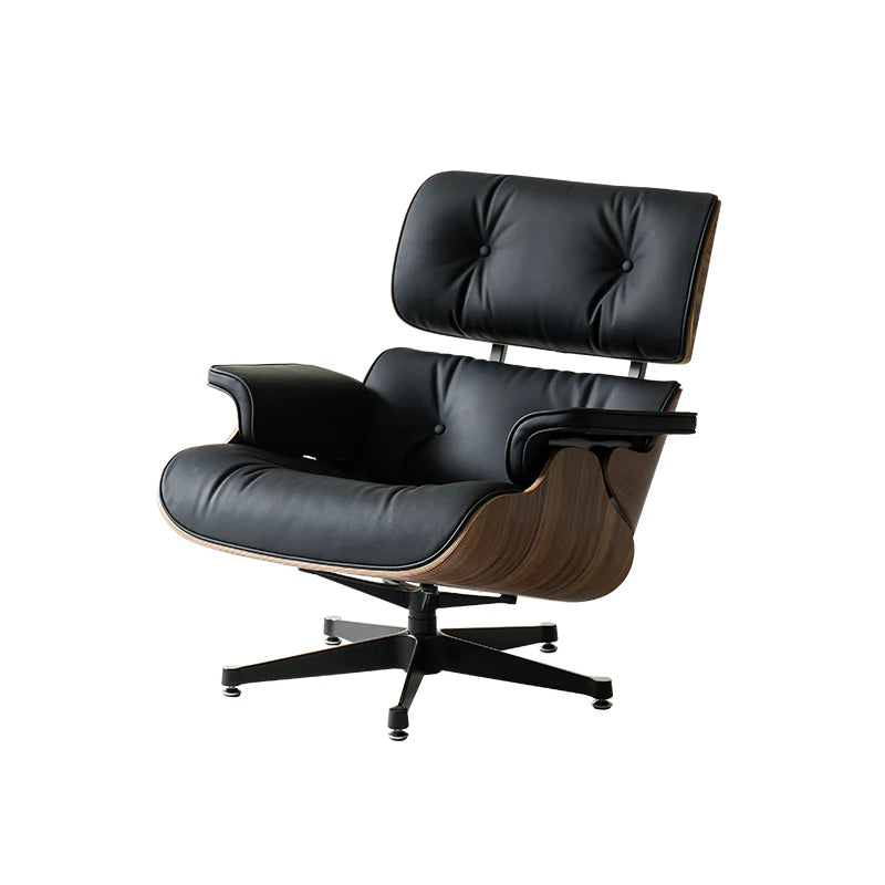 Black leather lounge chair with wooden armrests on a white background