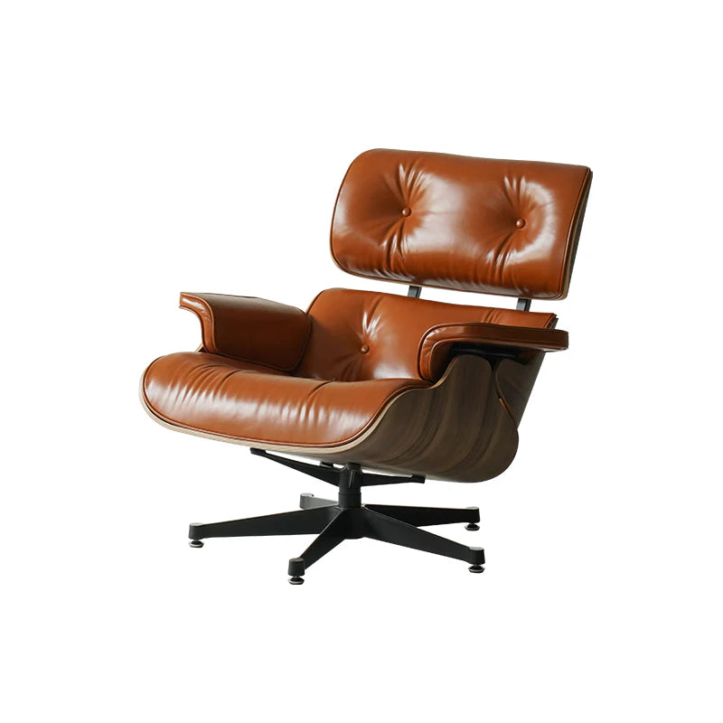 Brown leather armchair with black base on a white background